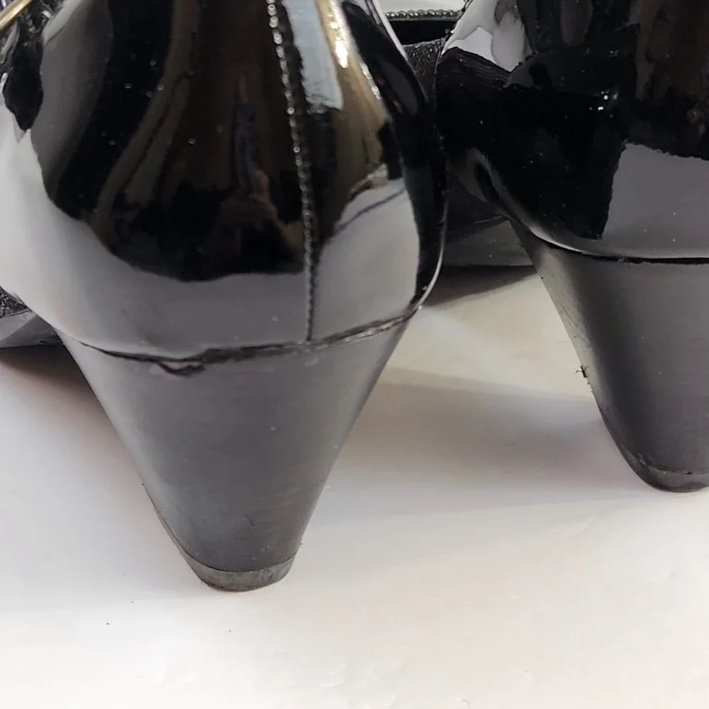 Dansko 38 Bonnie Mary Jane Heels Black Patent Leather Metallic Animal Print  7.5